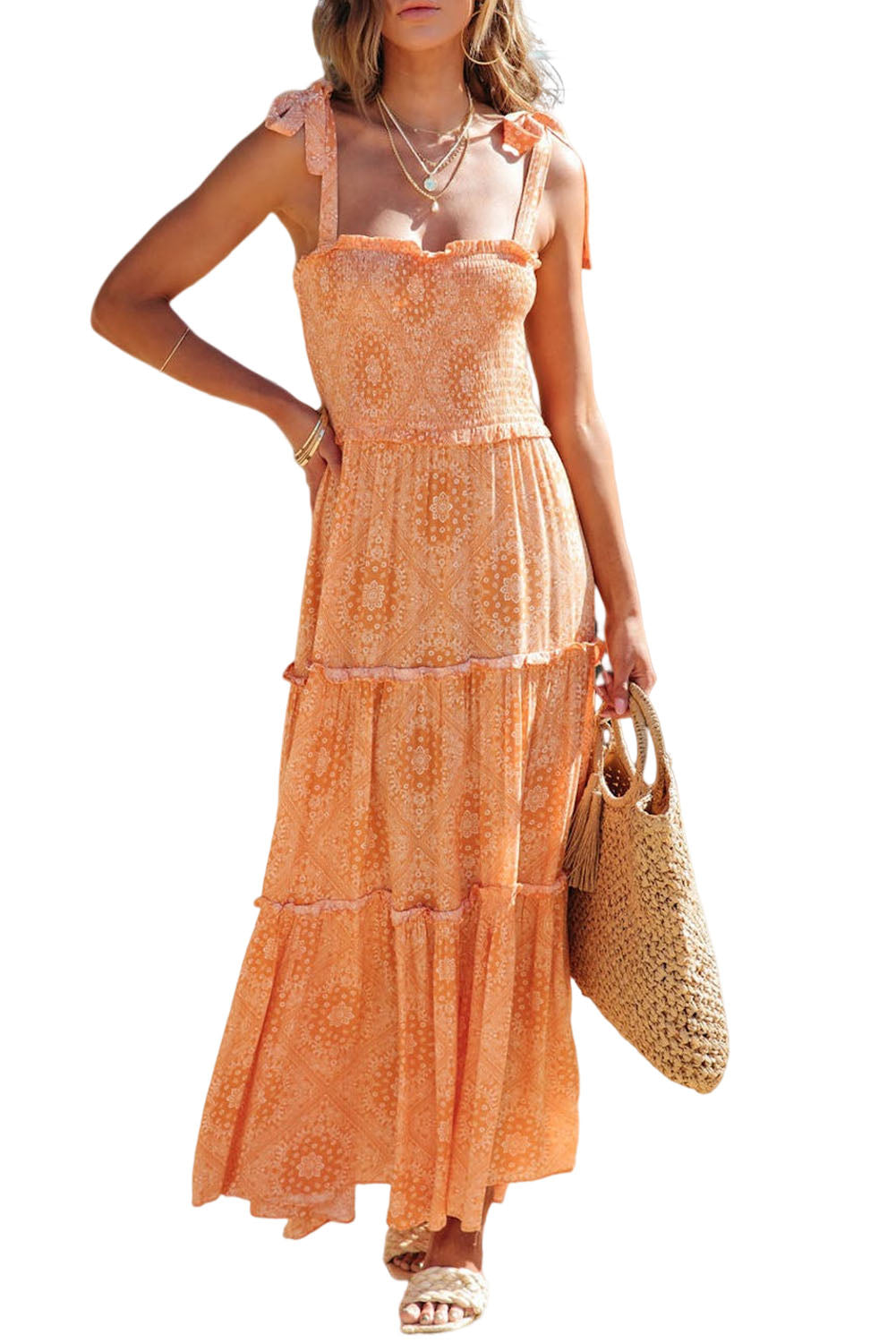 Orange Boho Floral Print Lace-up Straps Tiered Smocked Maxi Dress Floral Dresses JT's Designer Fashion