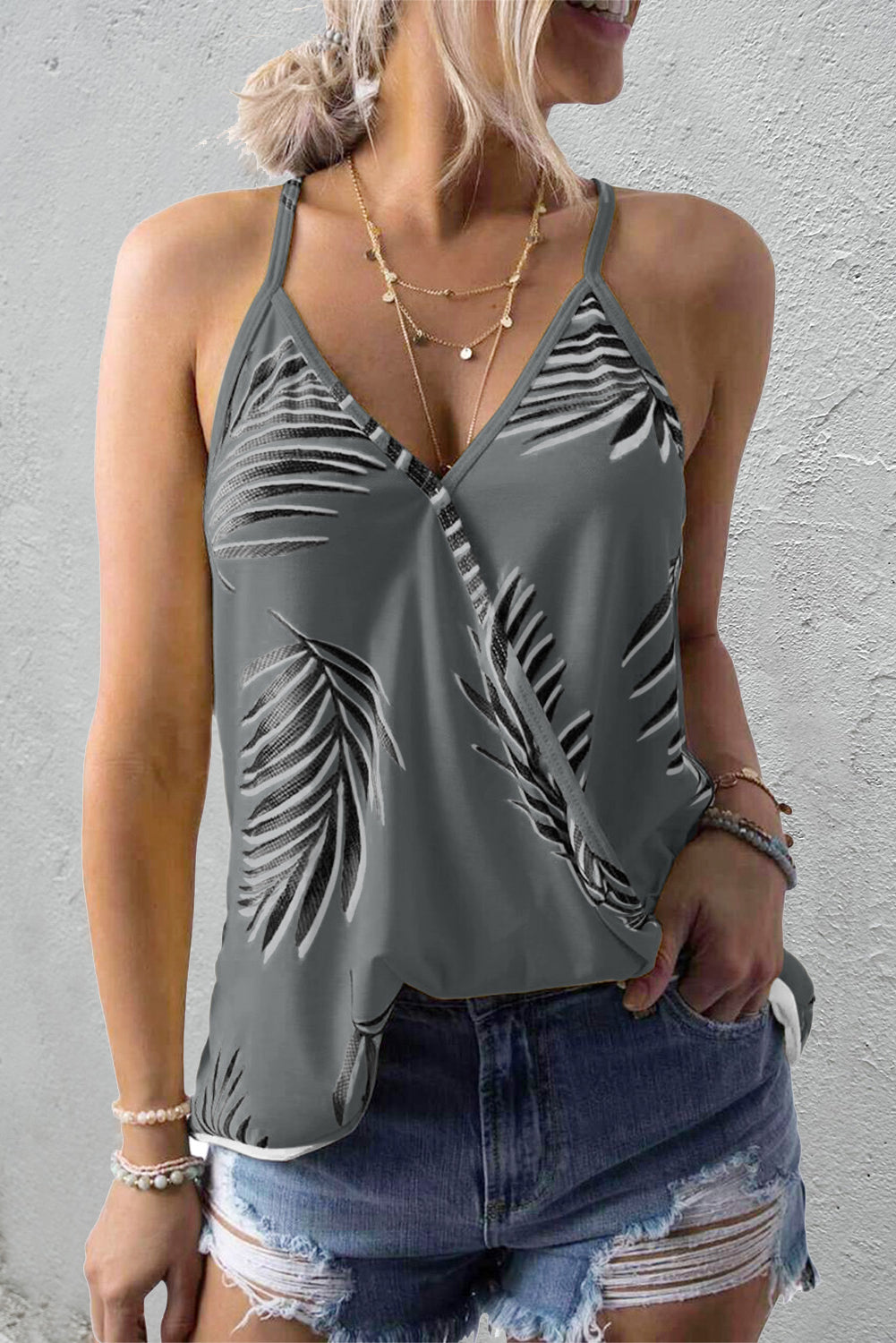 Gray Tropical Plant Print Tank Top Tank Tops JT's Designer Fashion