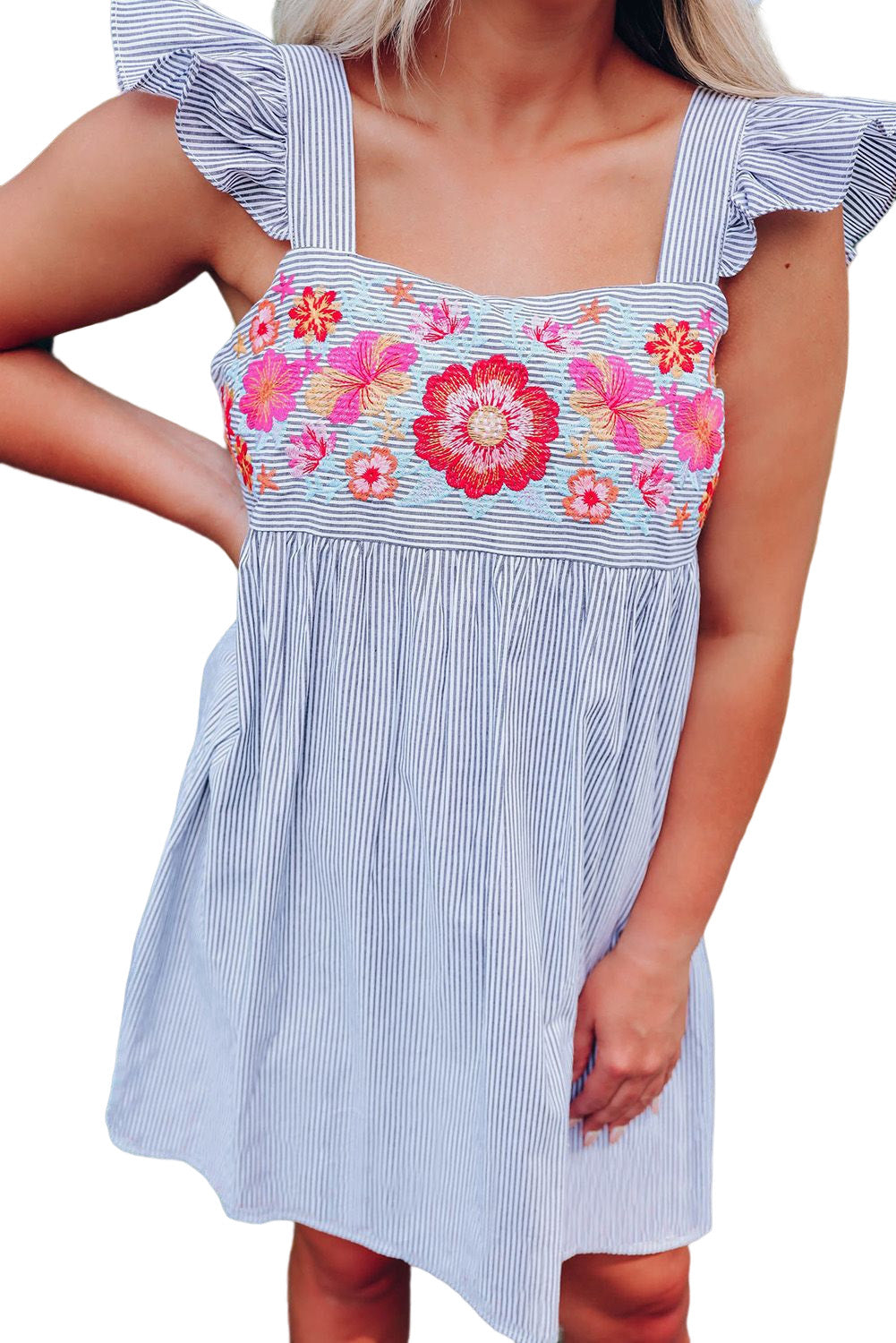 Sky Blue Floral Embroidered Striped Ruffled Sleeveless Mini Dress Mini Dresses JT's Designer Fashion