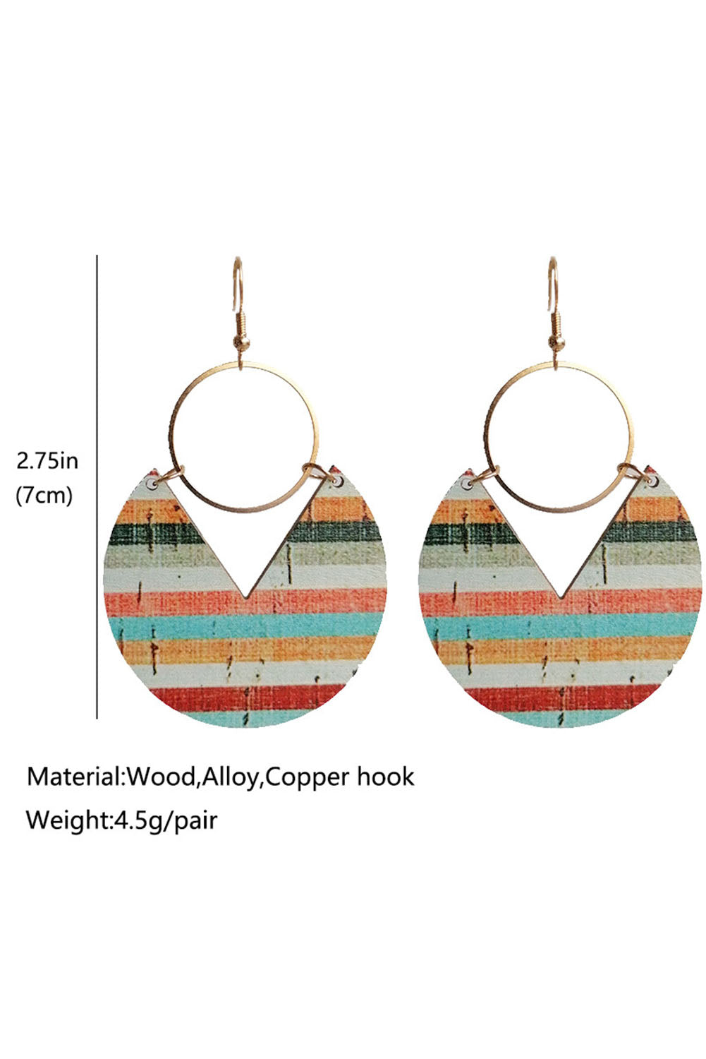 Multicolor Rainbow Stripe Pattern Notch Round Wooden Pendant Earrings Jewelry JT's Designer Fashion