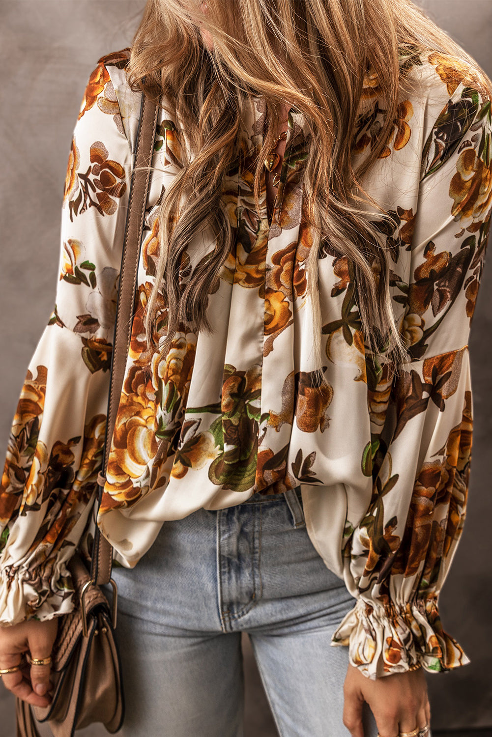 Apricot Gorgeous Floral Split Neck Flounce Sleeve Blouse Tops & Tees JT's Designer Fashion