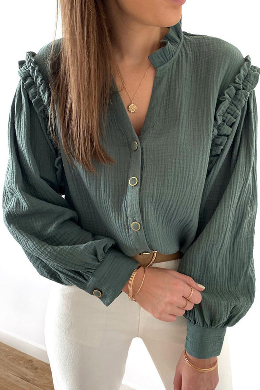 Green Frilled Split Neck Crinkled Shirt Tops & Tees JT's Designer Fashion