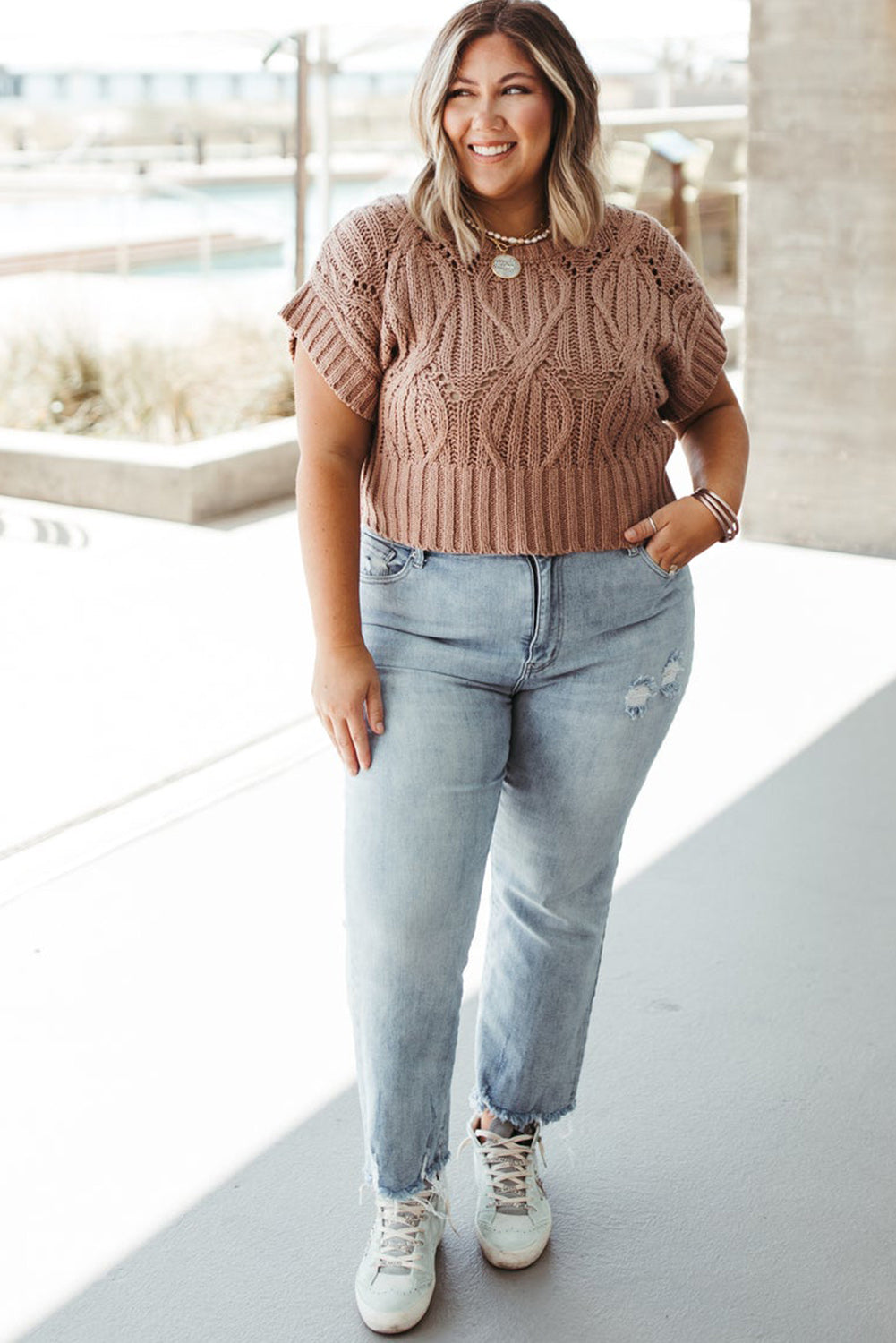 Smoke Gray Eyelet Crochet Short Sleeve Plus Size Knitted Top Plus Size JT's Designer Fashion