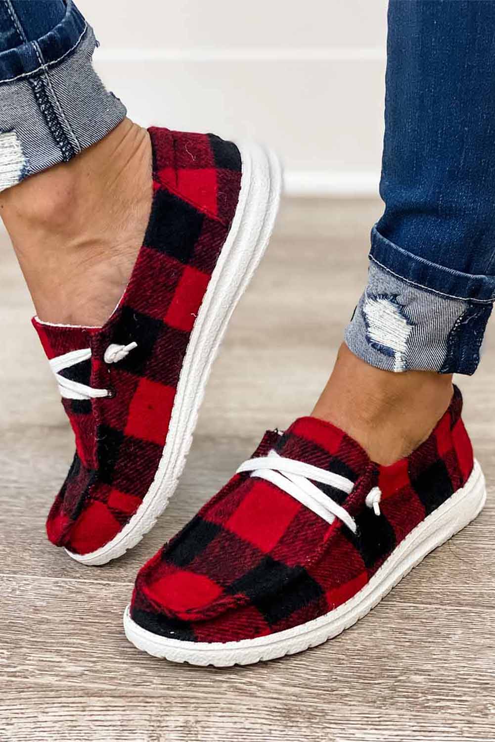 Red Vintage Plaid Lace Up Flat Shoes Women's Shoes JT's Designer Fashion