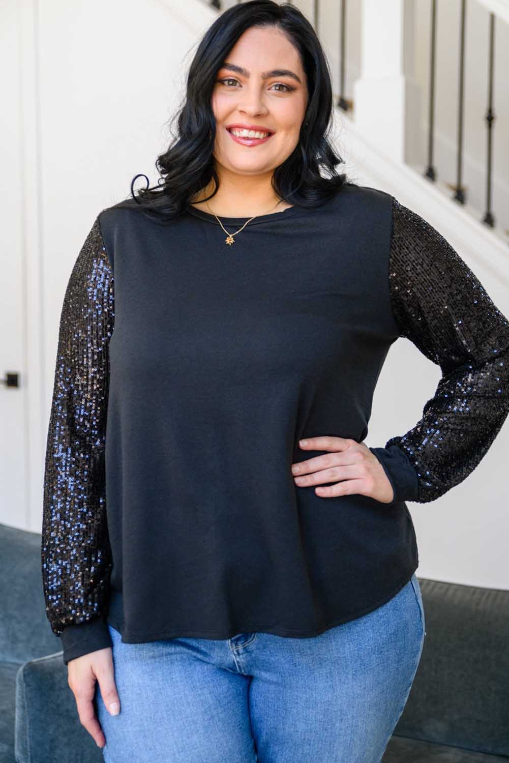 Black Sequin Contrast Long Sleeve Plus Size Top Plus Size JT's Designer Fashion