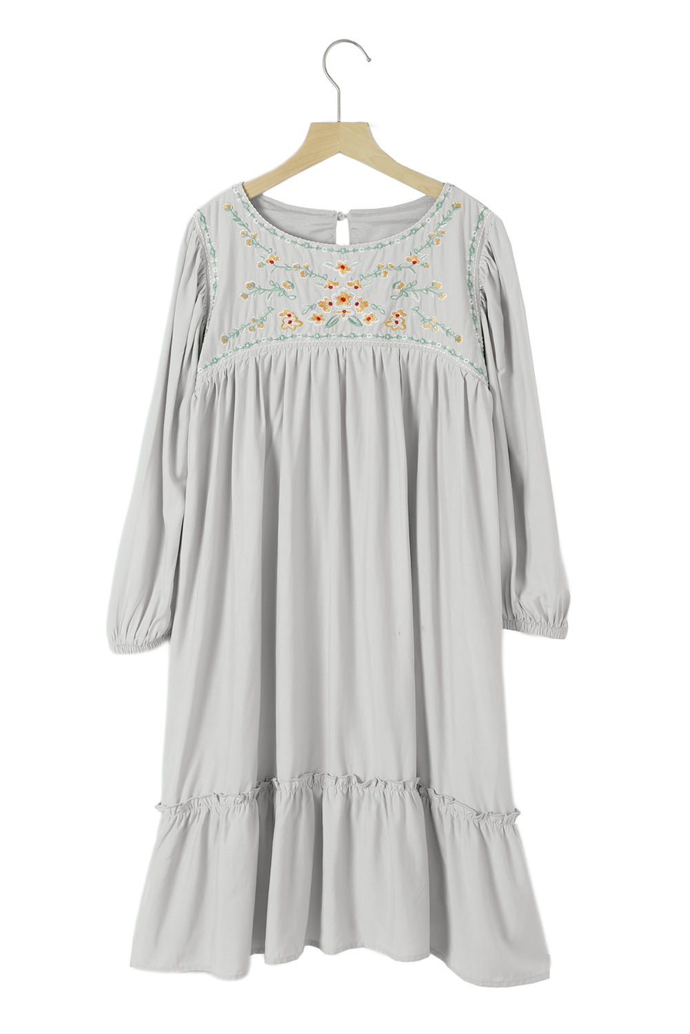 Gray Floral Embroidered Long Sleeve Babydoll Mini Dress Mini Dresses JT's Designer Fashion