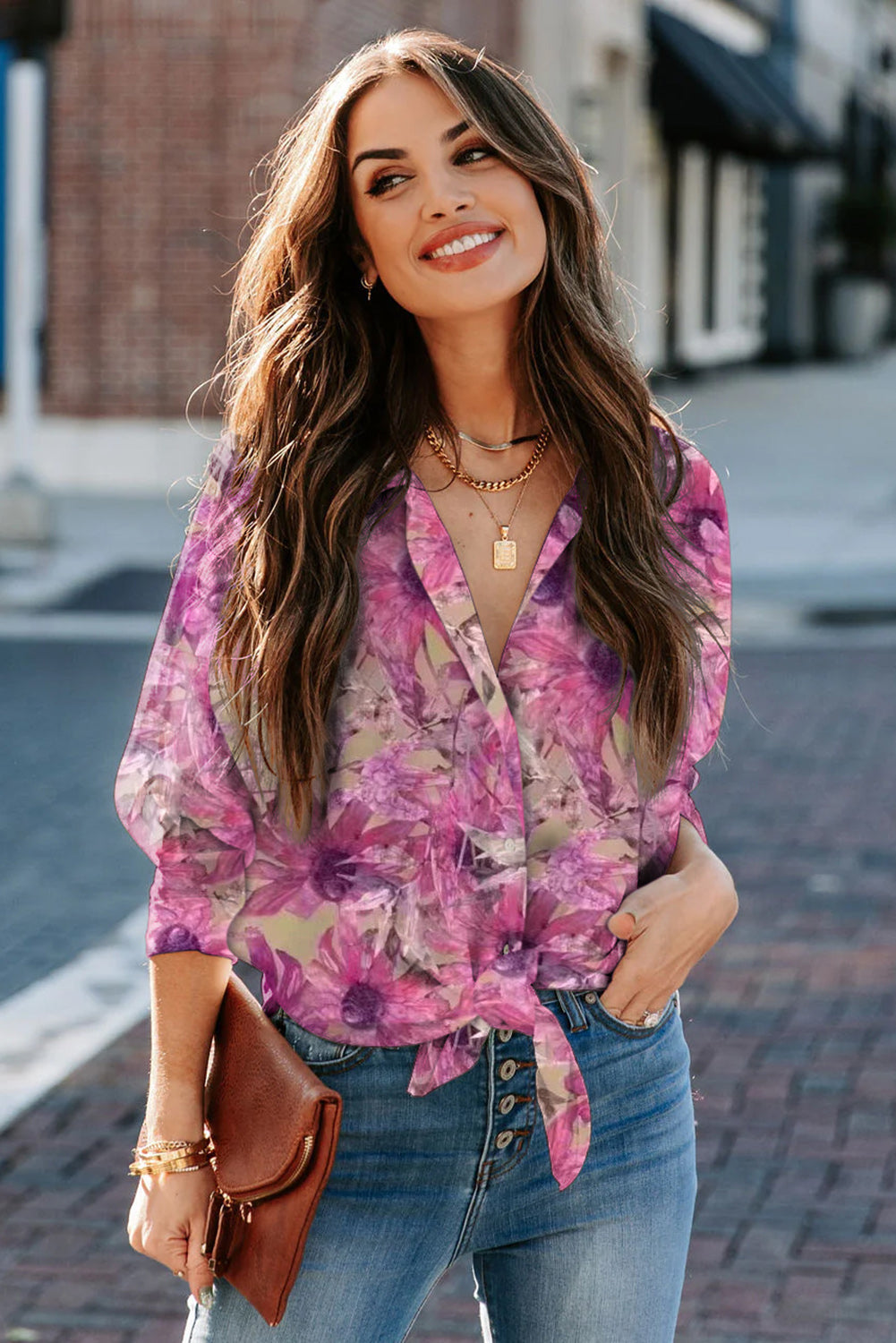 Purple Turn-down Neck Floral Print Tops & Tees JT's Designer Fashion