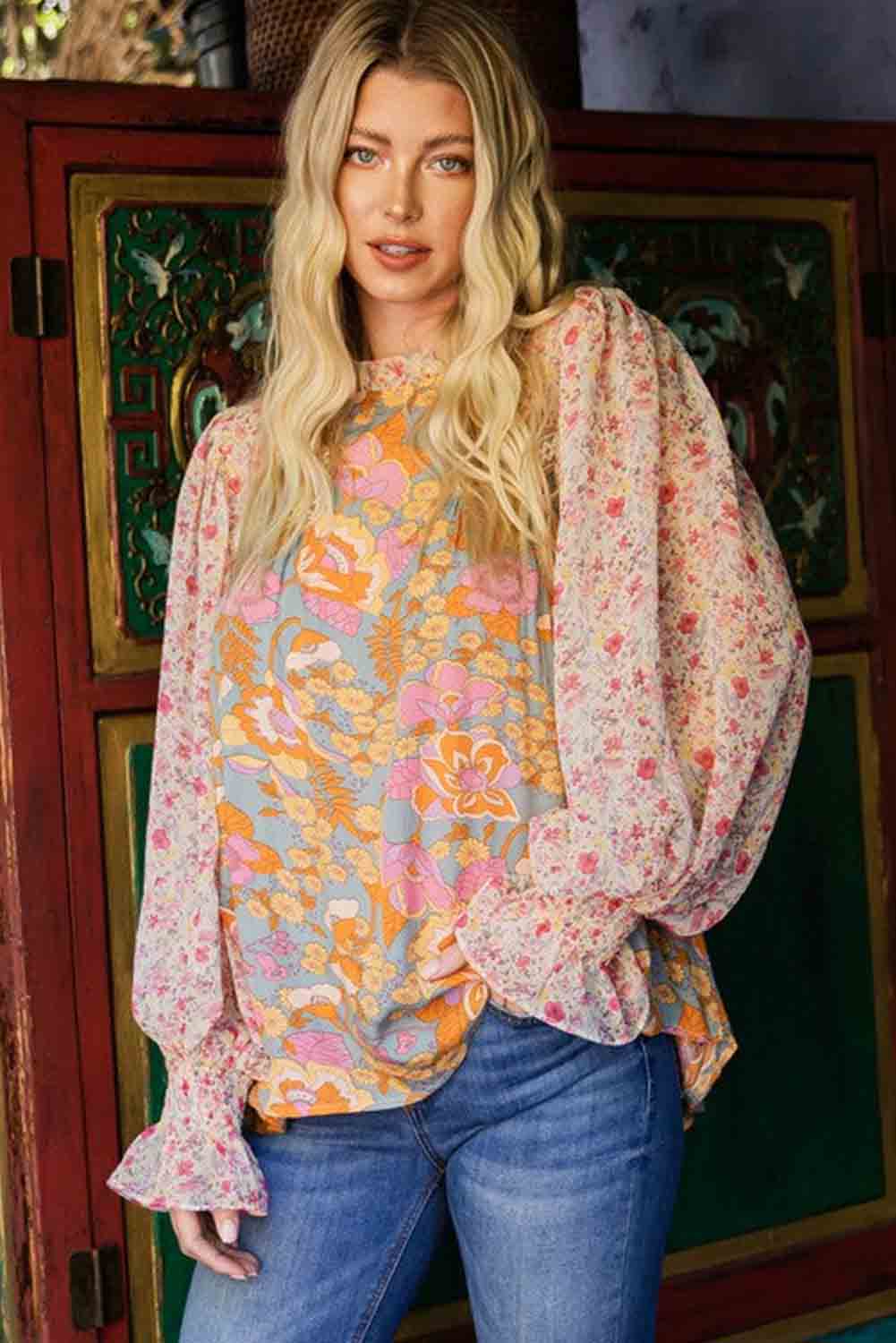 Multicolor Lace Trim Contrast Floral Long Puff Sleeve Blouse Tops & Tees JT's Designer Fashion