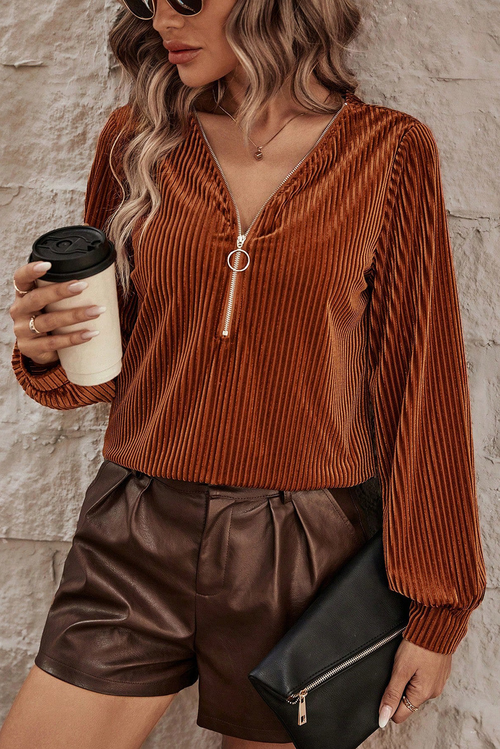 Chestnut Half Zip Ribbed Velvet Top Tops & Tees JT's Designer Fashion