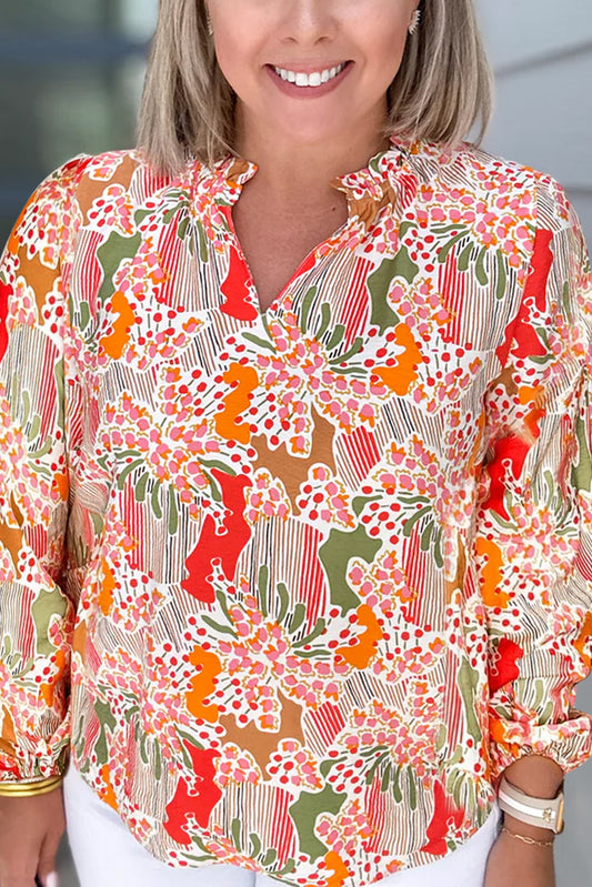 Orange Printed Floral Abstract Print Frilled V Neck Plus Size Blouse Plus Size JT's Designer Fashion