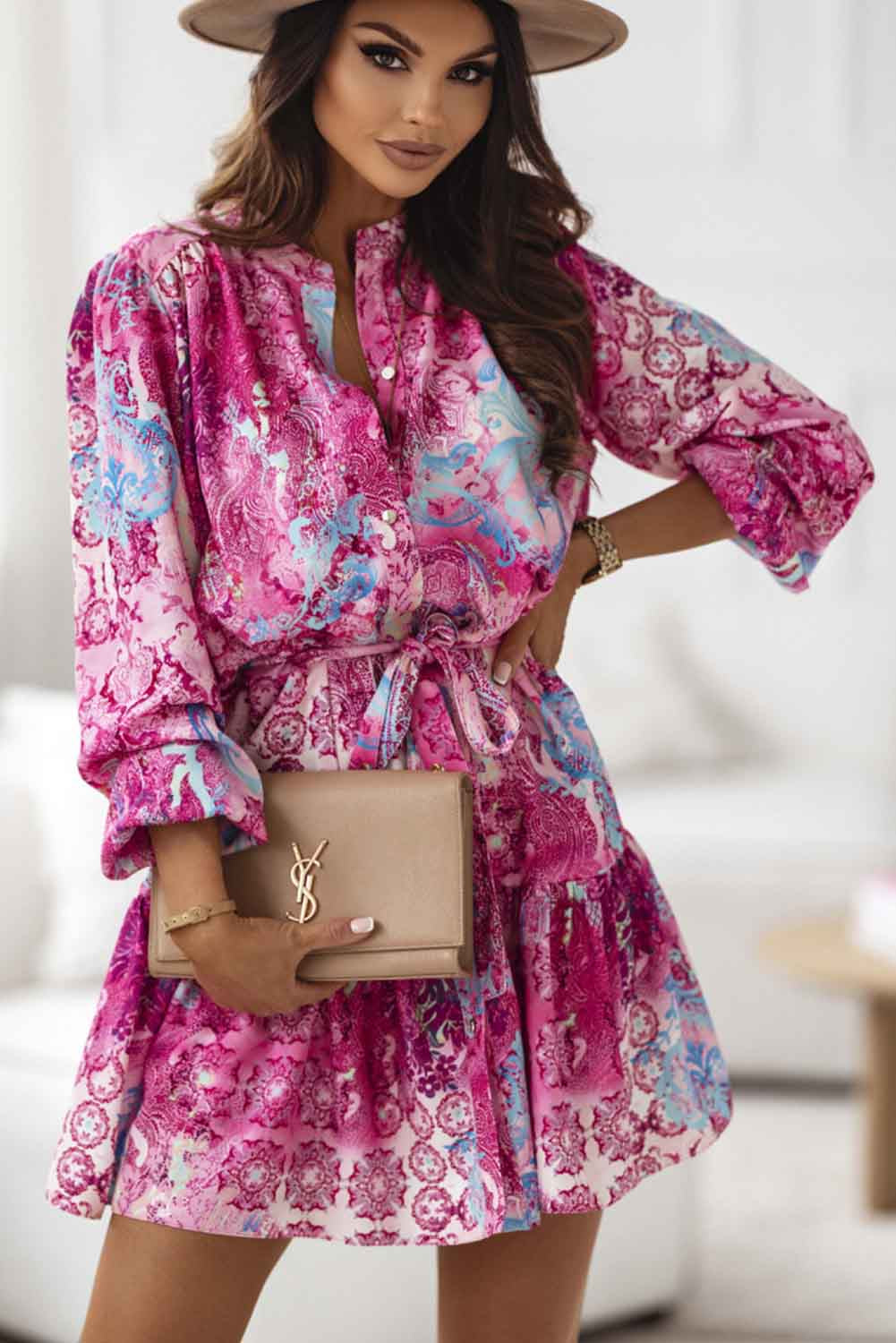 Rose Floral Long Sleeve Buttoned Waist Tie Ruffle Dress Dresses JT's Designer Fashion