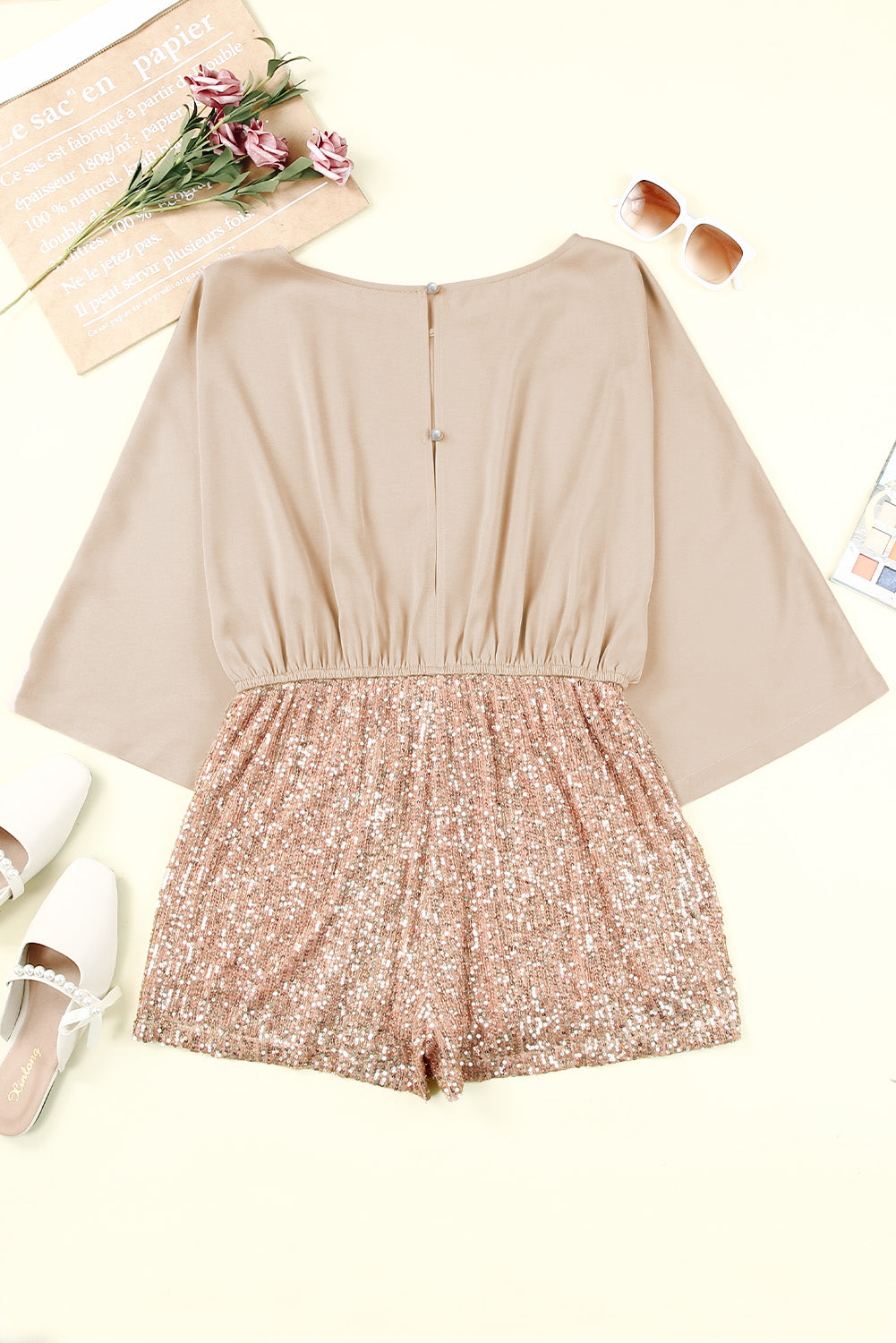 Khaki Sequin Patchwork Drawstring High Waist Romper Jumpsuits & Rompers JT's Designer Fashion