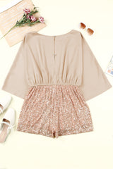 Khaki Sequin Patchwork Drawstring High Waist Romper Jumpsuits & Rompers JT's Designer Fashion