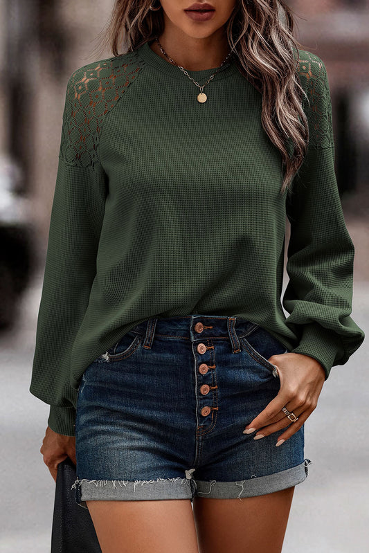 Blackish Green Khaki Lace Long Sleeve Textured Pullover Tops & Tees JT's Designer Fashion