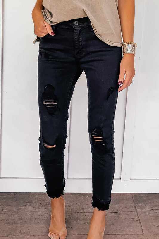 Black Distressed Raw Edge Cropped Skinny Jeans Bottoms JT's Designer Fashion