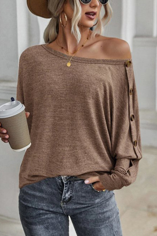 Khaki Solid Color Button Decor Dolman Sleeve Top Tops & Tees JT's Designer Fashion