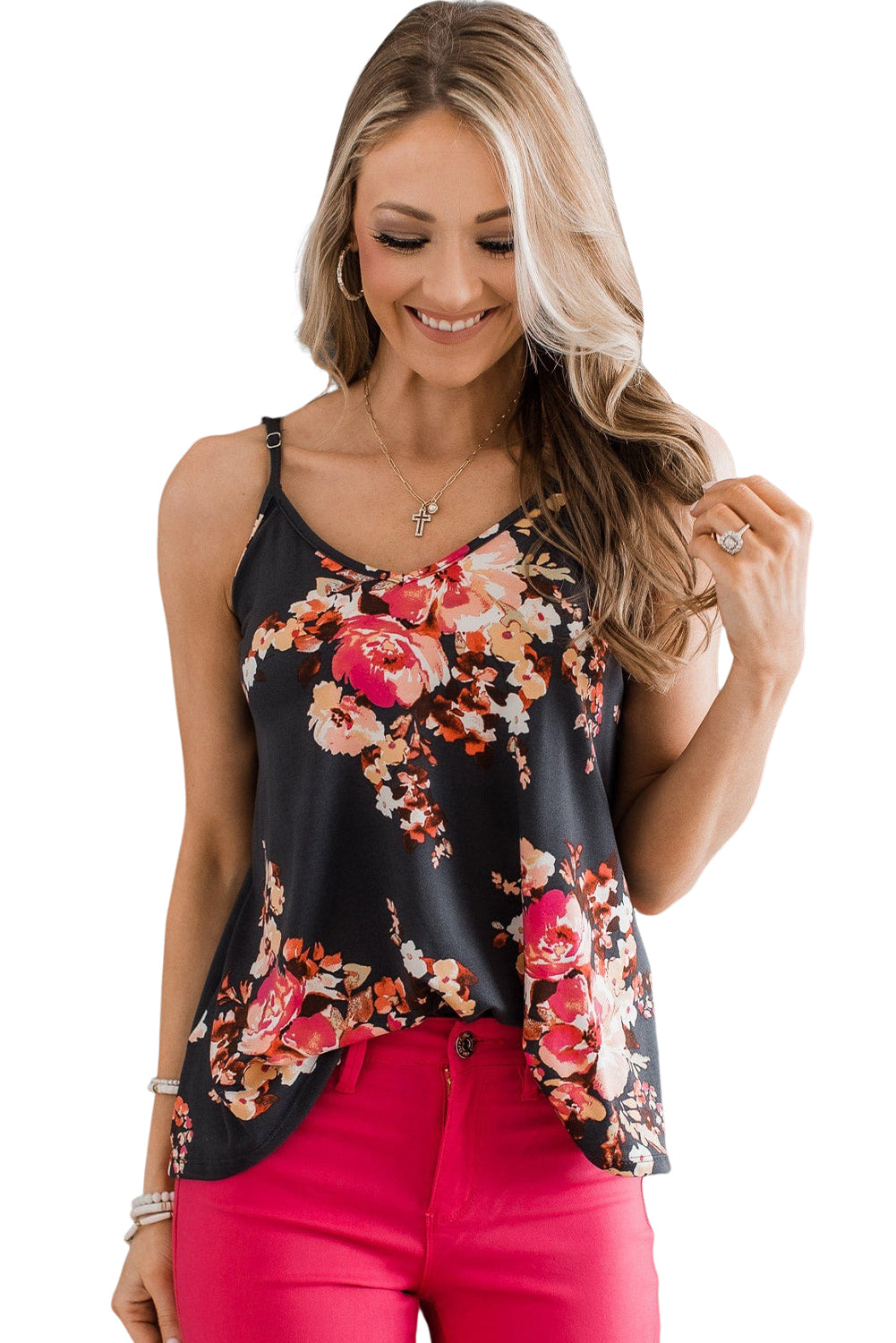 Black Floral Print Adjustable Spaghetti Strap V Neck Tank Top Tank Tops JT's Designer Fashion