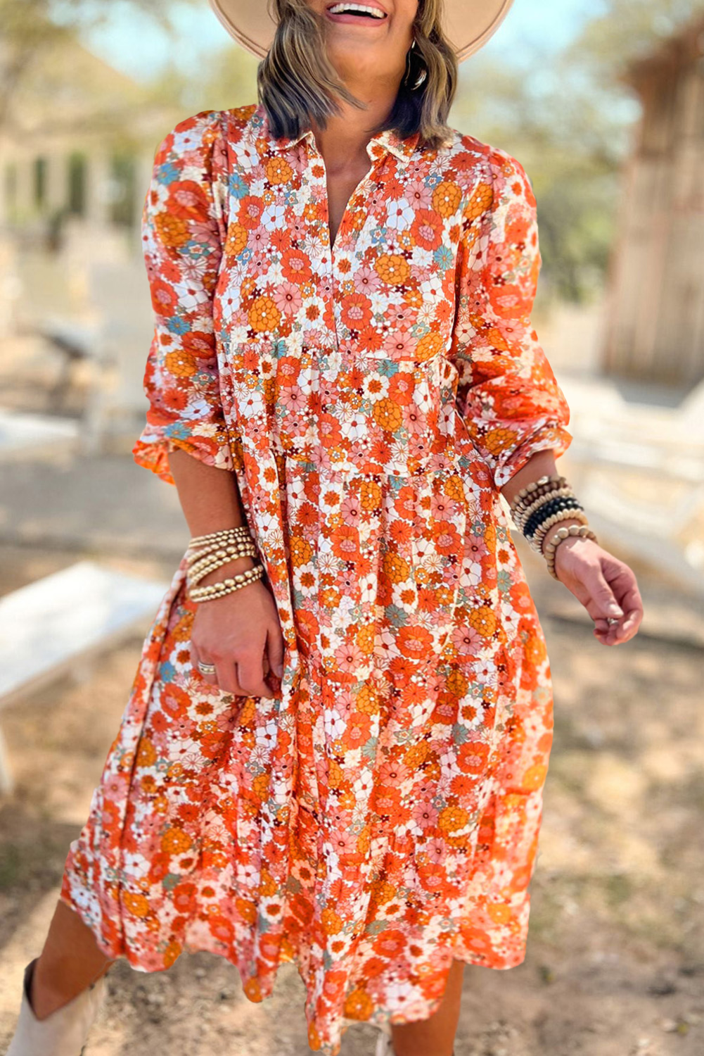 Orange Printed Floral Print Collared High Waist Plus Size Midi Dress Plus Size JT's Designer Fashion