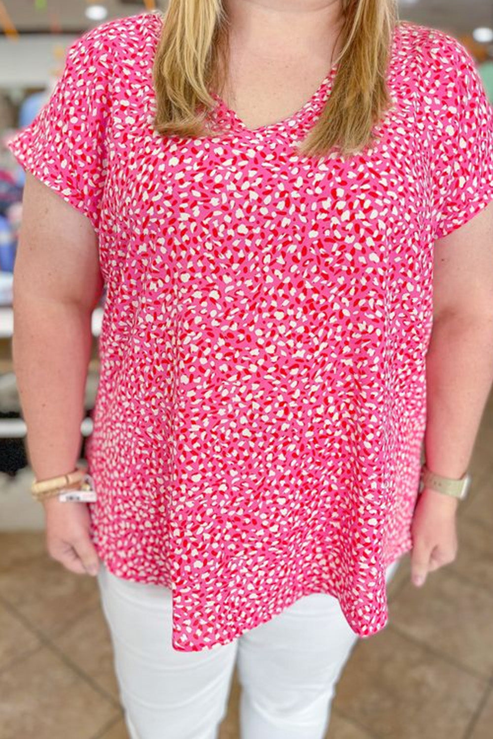 Pink Spot Print Short Sleeve V-Neck Plus Size Blouse Plus Size Tops JT's Designer Fashion