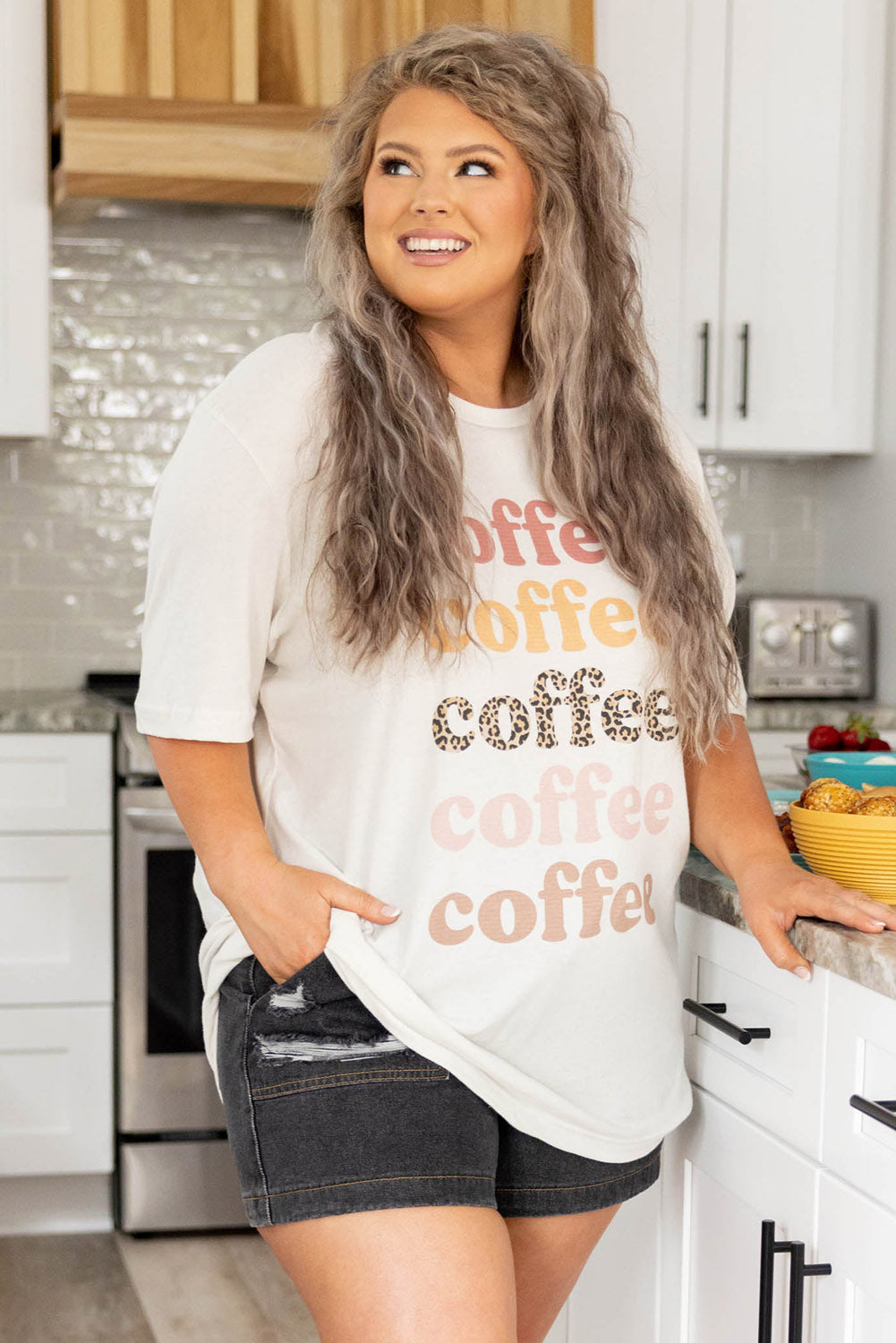 Beige Multiple Coffee Letter Print Vintage Graphic Tee Plus Size JT's Designer Fashion