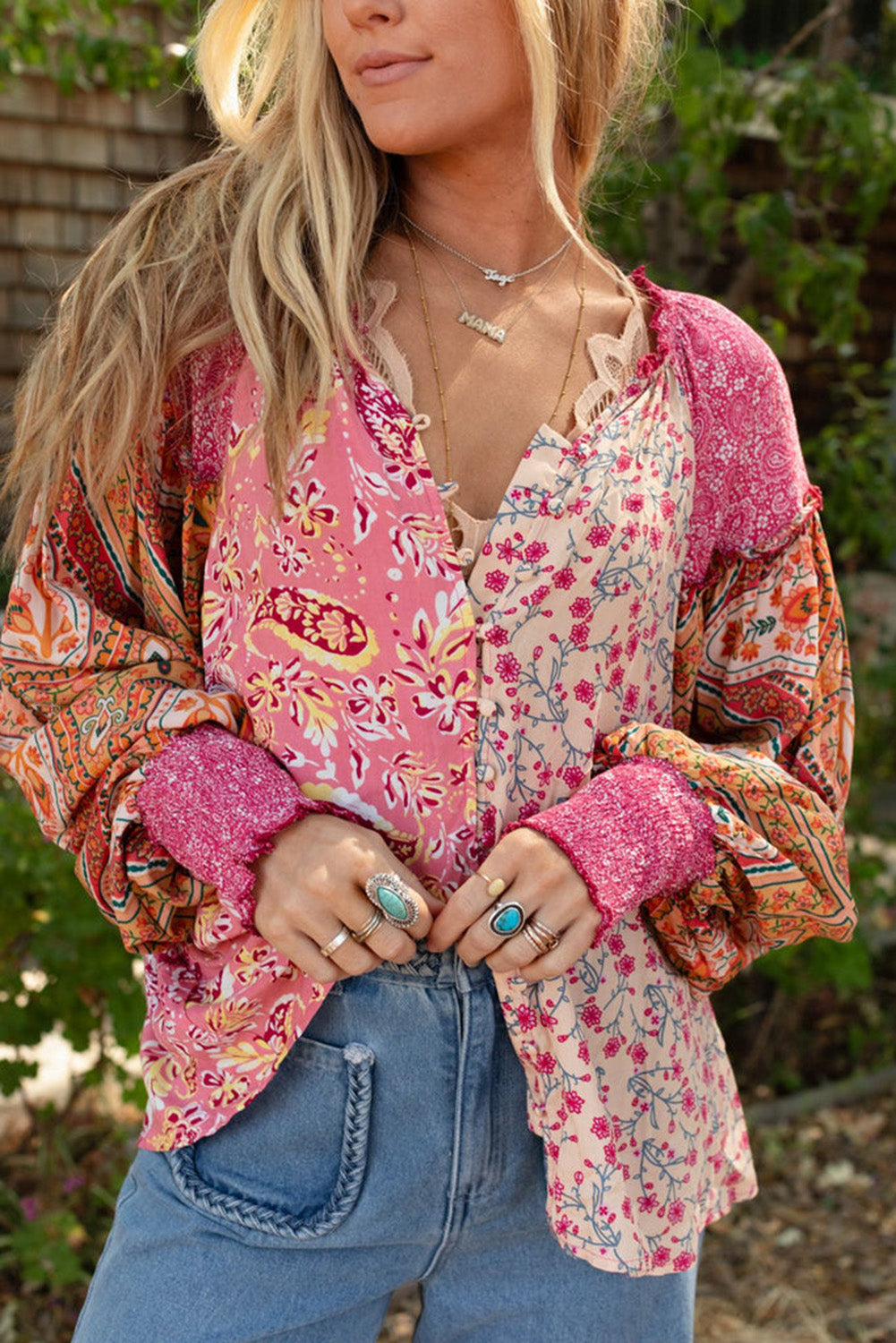 Pink Mixed Floral Printed Puff Sleeve V-Neck Shirt Tops & Tees JT's Designer Fashion