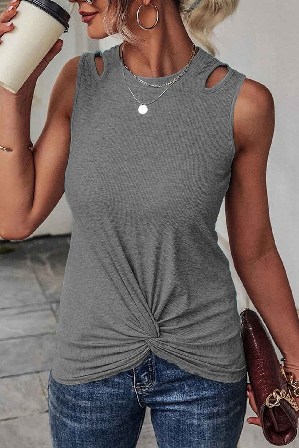 Gray Rib Knit Cut-out Front Twist Tank Top Tank Tops JT's Designer Fashion