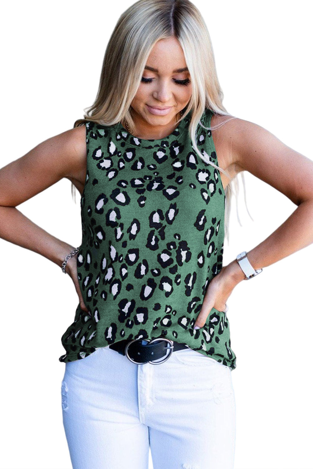 Green Leopard Print Crew Neck Tank Top Tank Tops JT's Designer Fashion