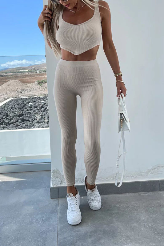 Beige Ribbed Asymmetric Cropped High Waist Active Set Bottoms JT's Designer Fashion