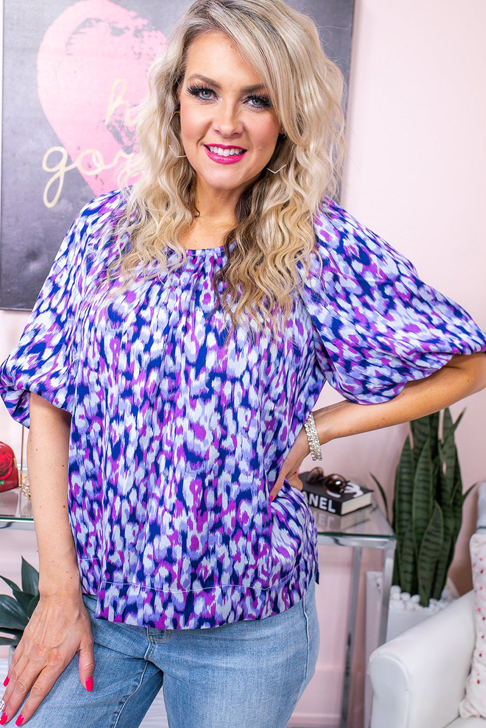 Purple Plus Size Printed Round Neck Bubble Sleeve Blouse Plus Size Tops JT's Designer Fashion