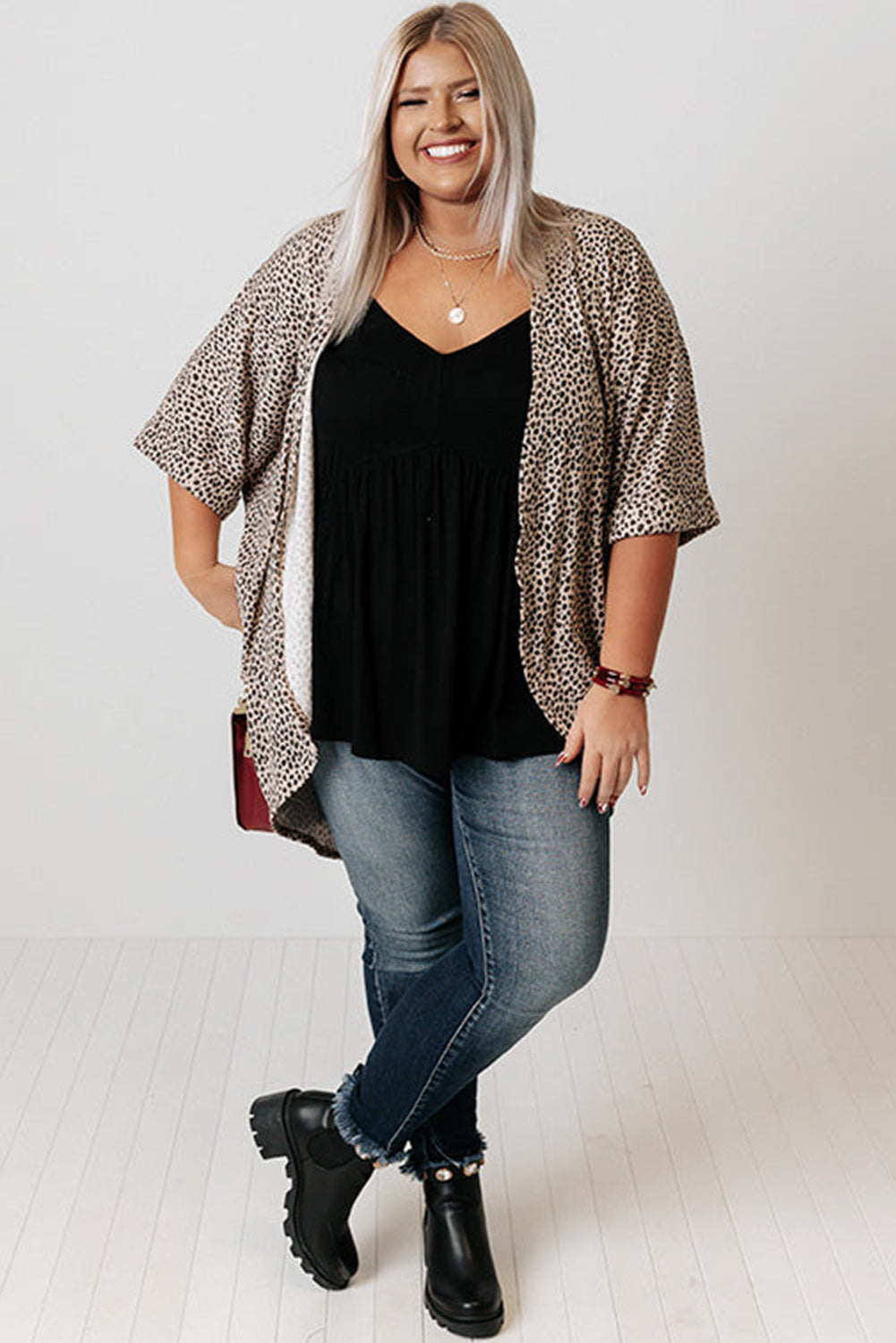 Khaki Plus Size Leopard Round Hem Short Sleeve Open Cardigan Plus Size JT's Designer Fashion