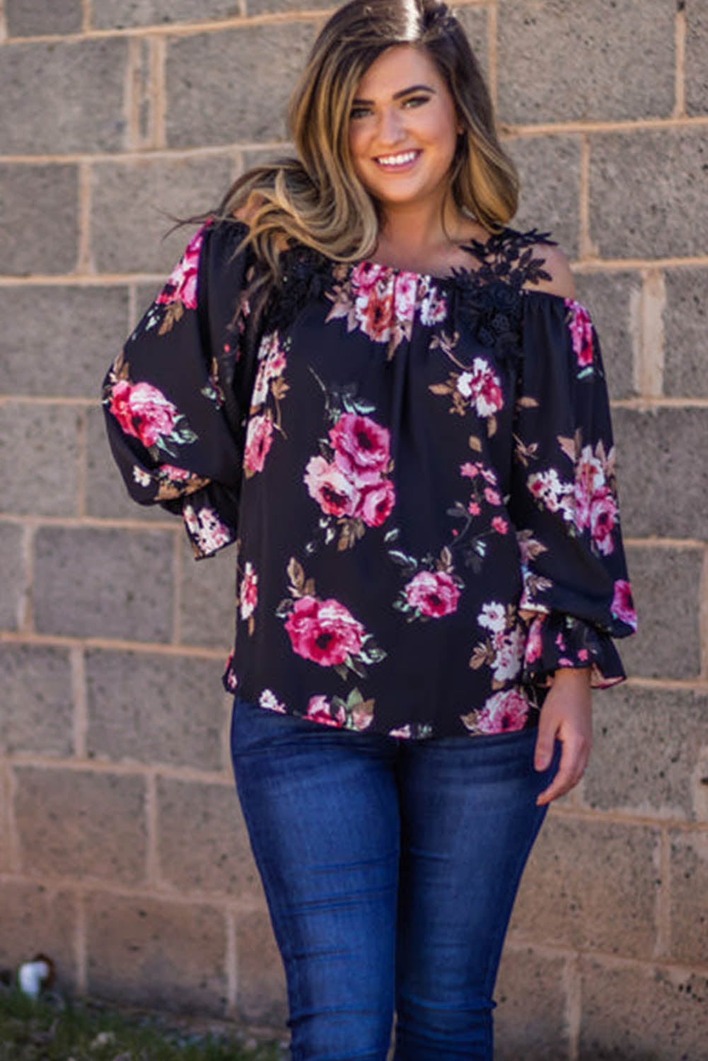 Black Plus Size Crochet Detail Off-shoulder Floral Blouse Plus Size JT's Designer Fashion