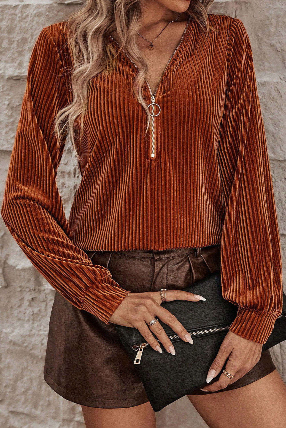 Chestnut Half Zip Ribbed Velvet Top Tops & Tees JT's Designer Fashion