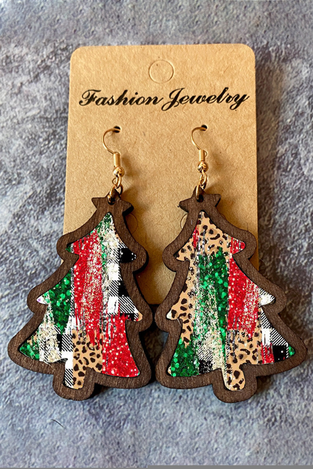 Red Shade Of Leopard Plaid Christmas Tree Earrings Jewelry JT's Designer Fashion