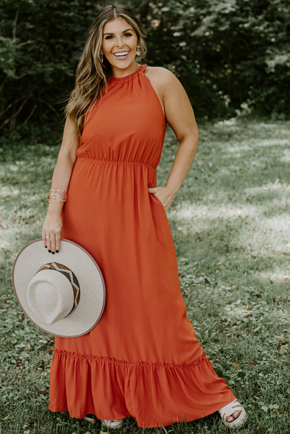 Russet Orange Plus Size High Waist Ruffle Hem Sleeveless Maxi Dress Plus Size JT's Designer Fashion