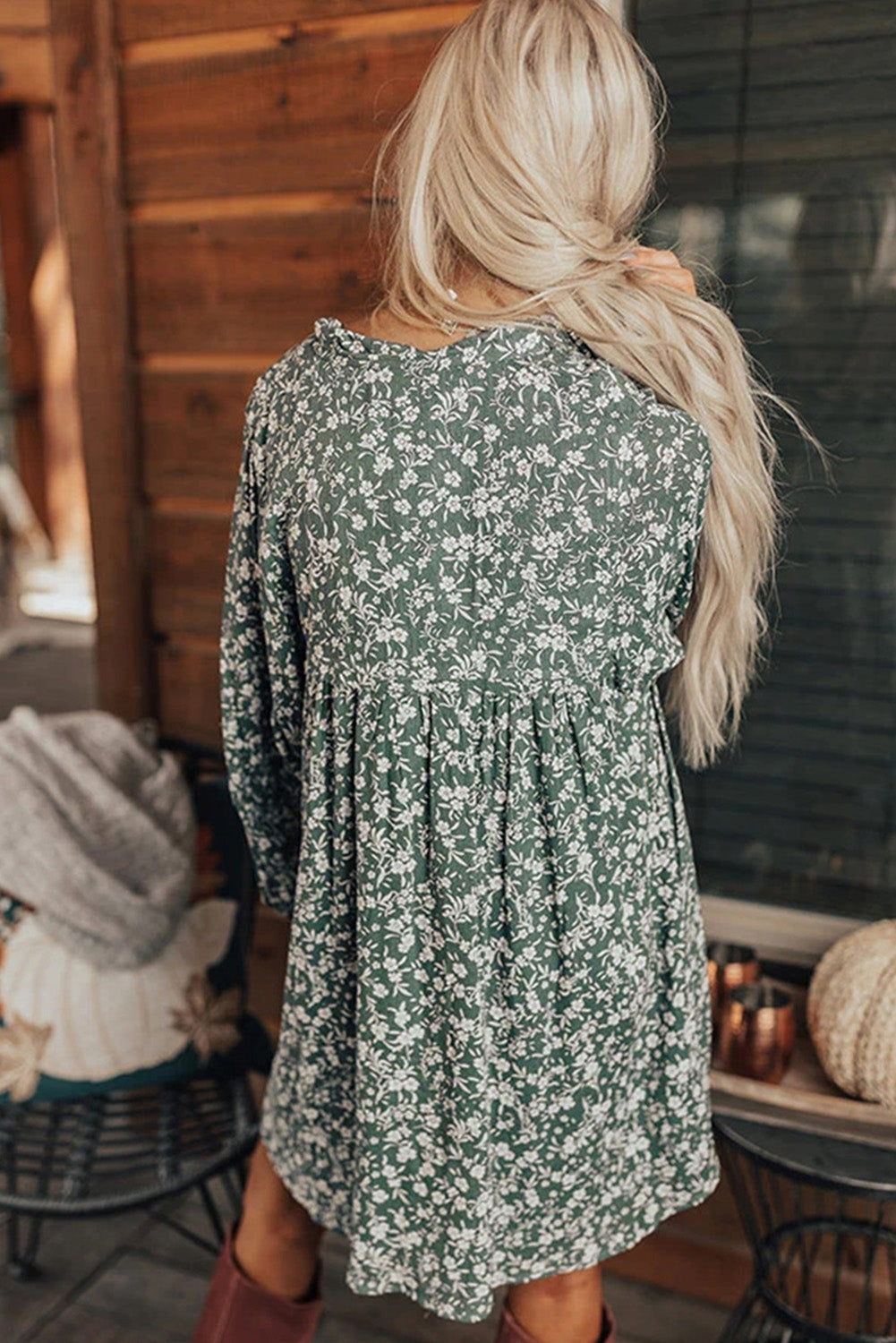 Green Floral Print Collared Puff Sleeve Babydoll Dress Floral Dresses JT's Designer Fashion