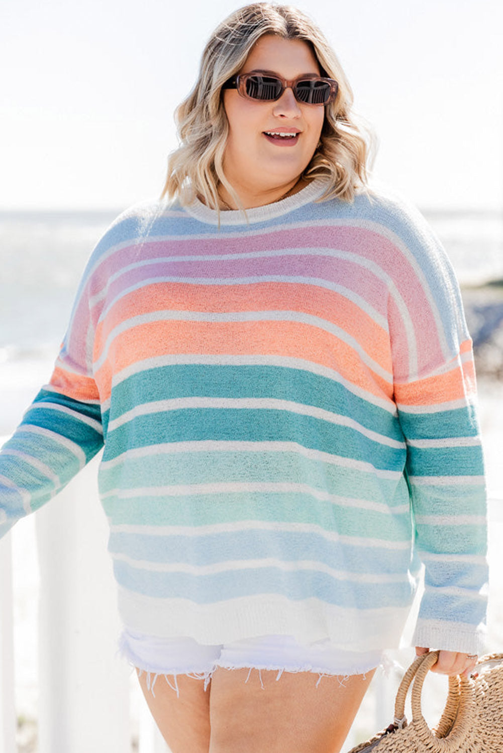 Multicolor Striped Long Sleeve Crewneck Plus Size Sweater Plus Size JT's Designer Fashion