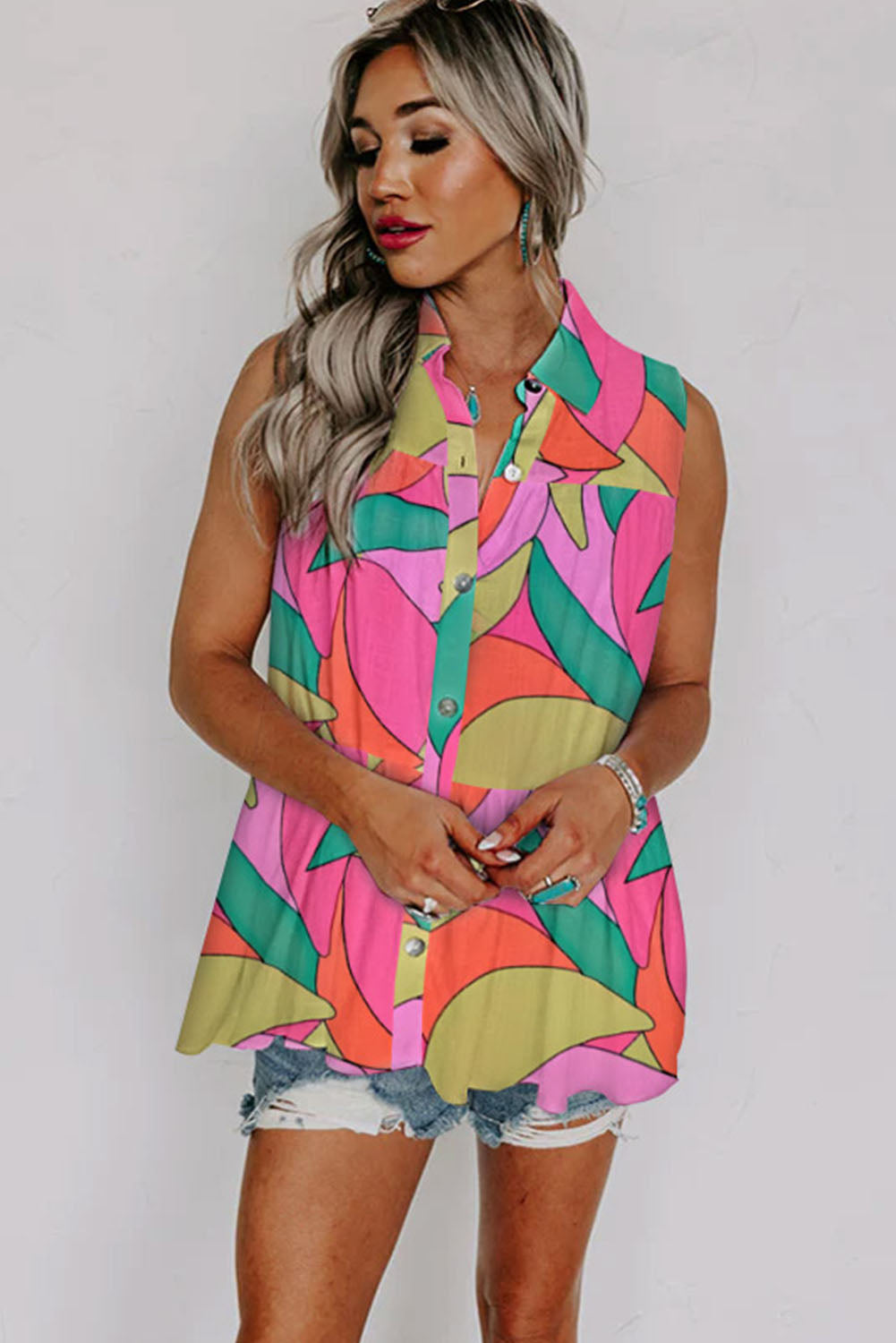 Multicolor Abstract Print Tiered Sleeveless Shirt Tops & Tees JT's Designer Fashion