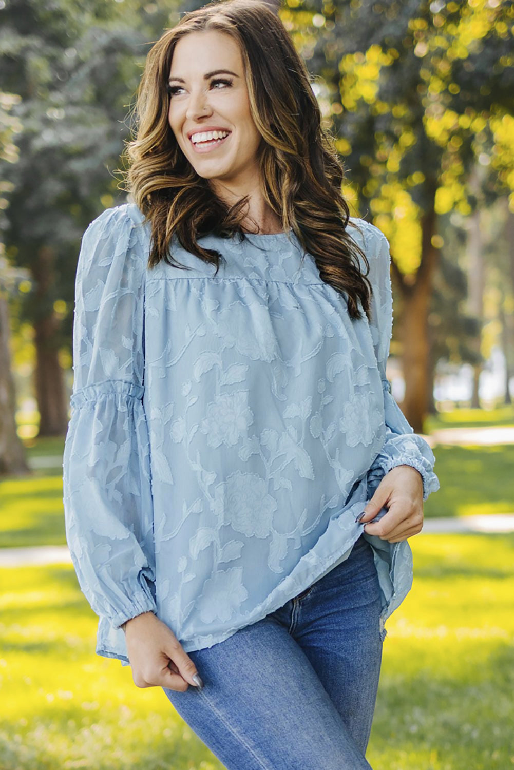 Blue Textured Ruffle Lantern Sleeve Babydoll Blouse Blouses & Shirts JT's Designer Fashion