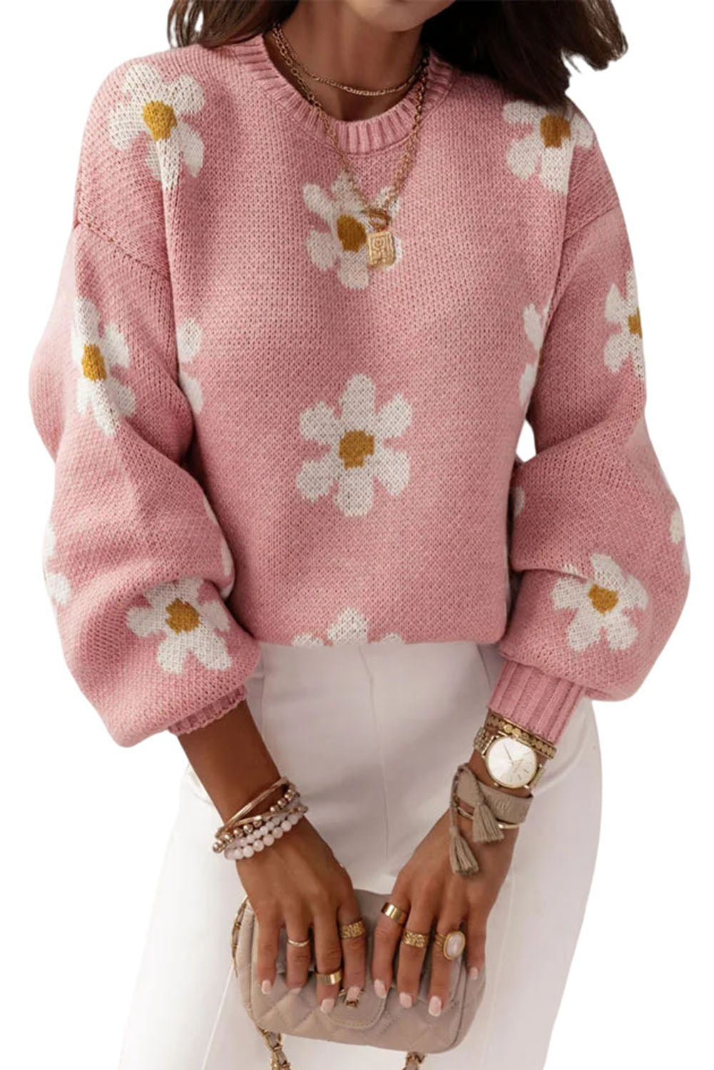 Pink Floral Pattern Drop Shoulder Sweater Tops & Tees JT's Designer Fashion