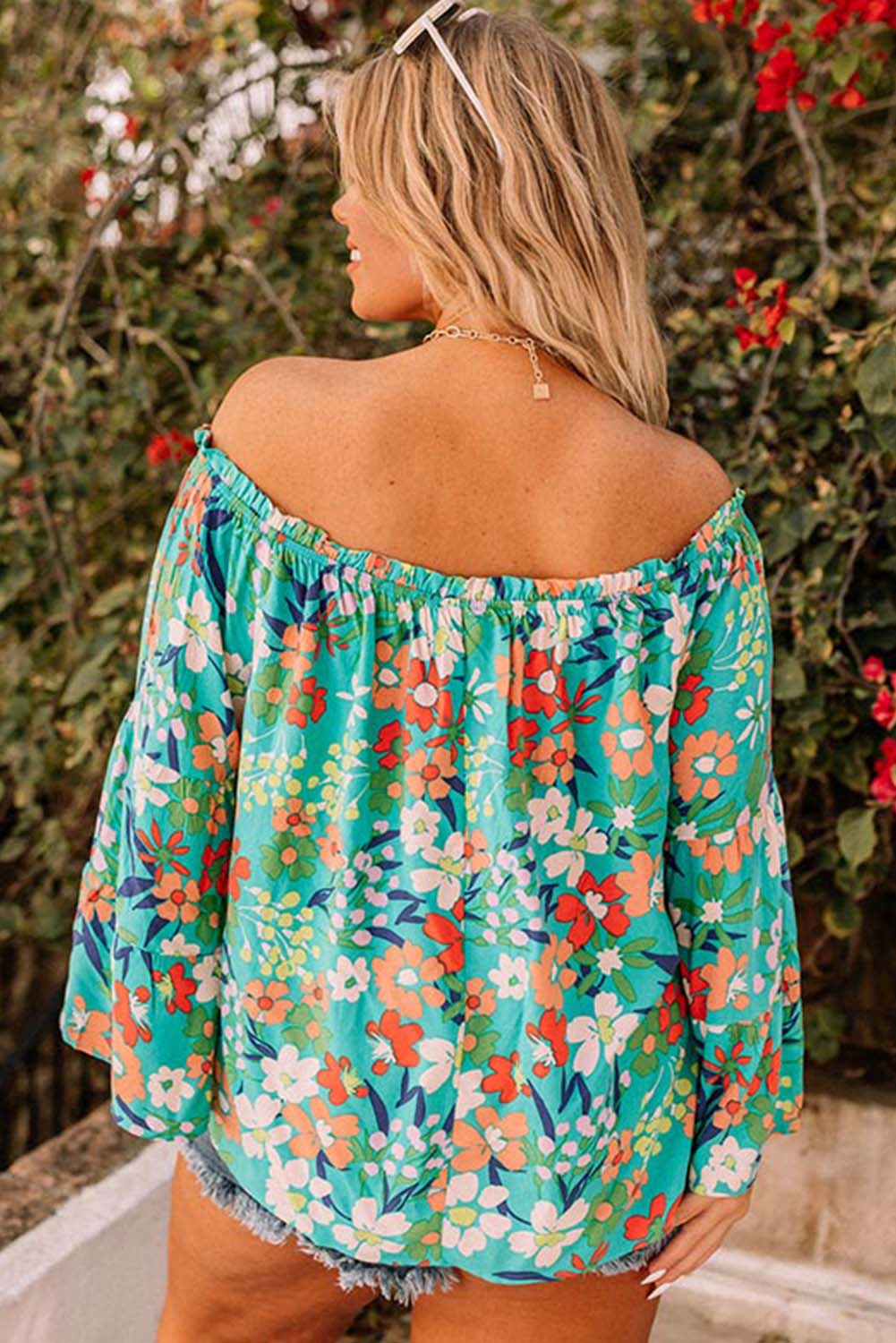 Green Frill Off-Shoulder Floral Long Sleeve Plus Size Blouse Plus Size JT's Designer Fashion