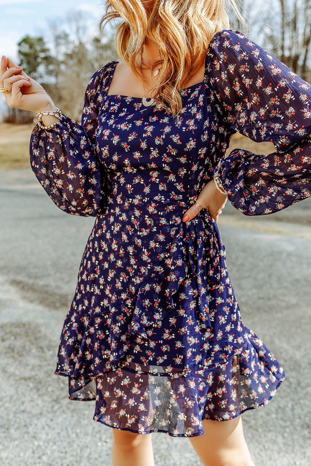 Blue Floral Print Smocked Square Neck Bubble Sleeve Dress Dresses JT's Designer Fashion