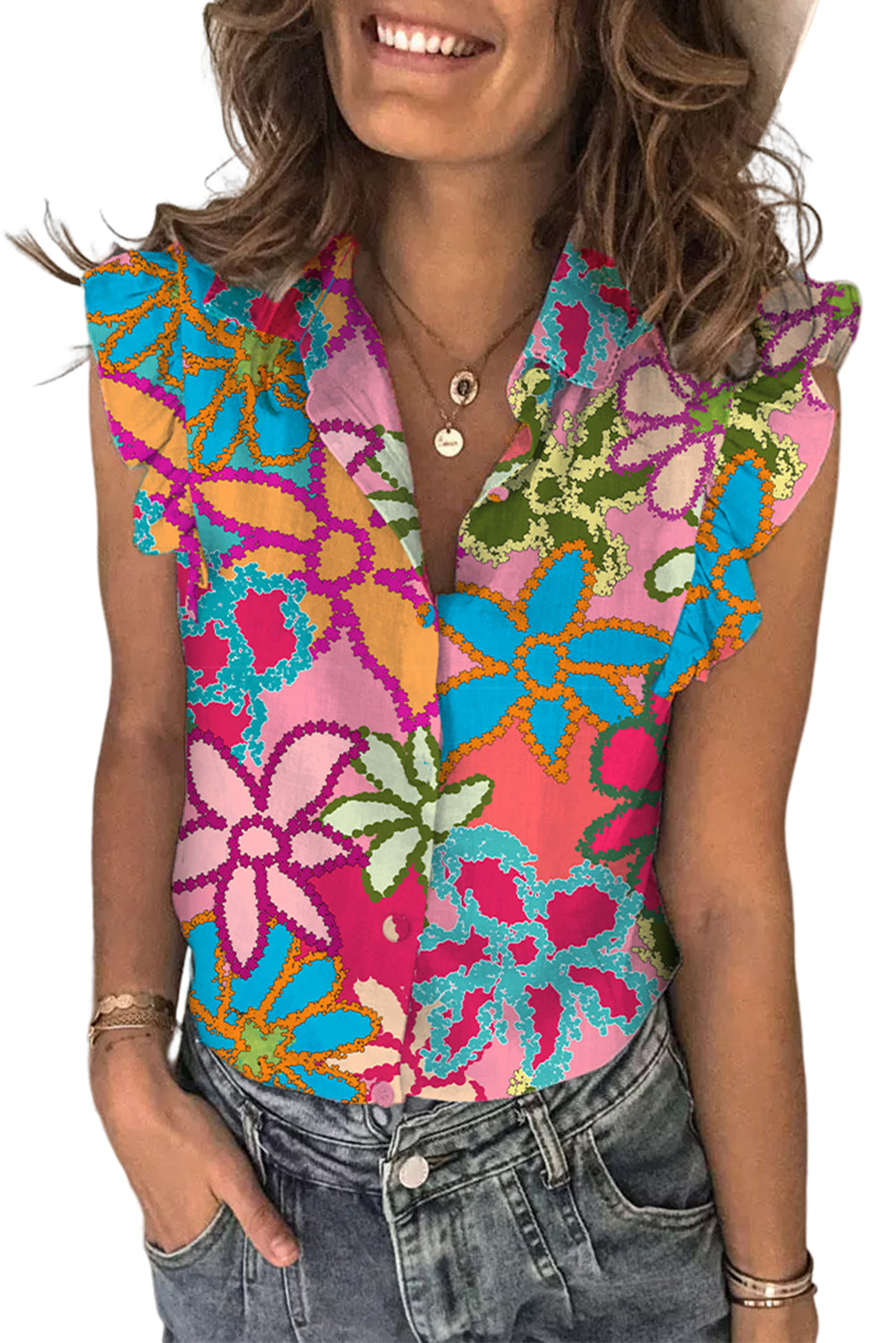 Multicolor Bold Floral Print Ruffle Trim Sleeveless Shirt Tops & Tees JT's Designer Fashion