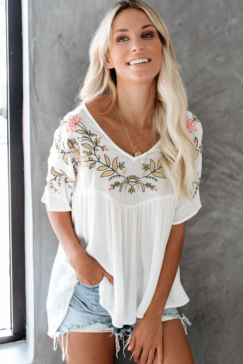 White Floral Embroidered V Neck Crinkle Babydoll Blouse Blouses & Shirts JT's Designer Fashion