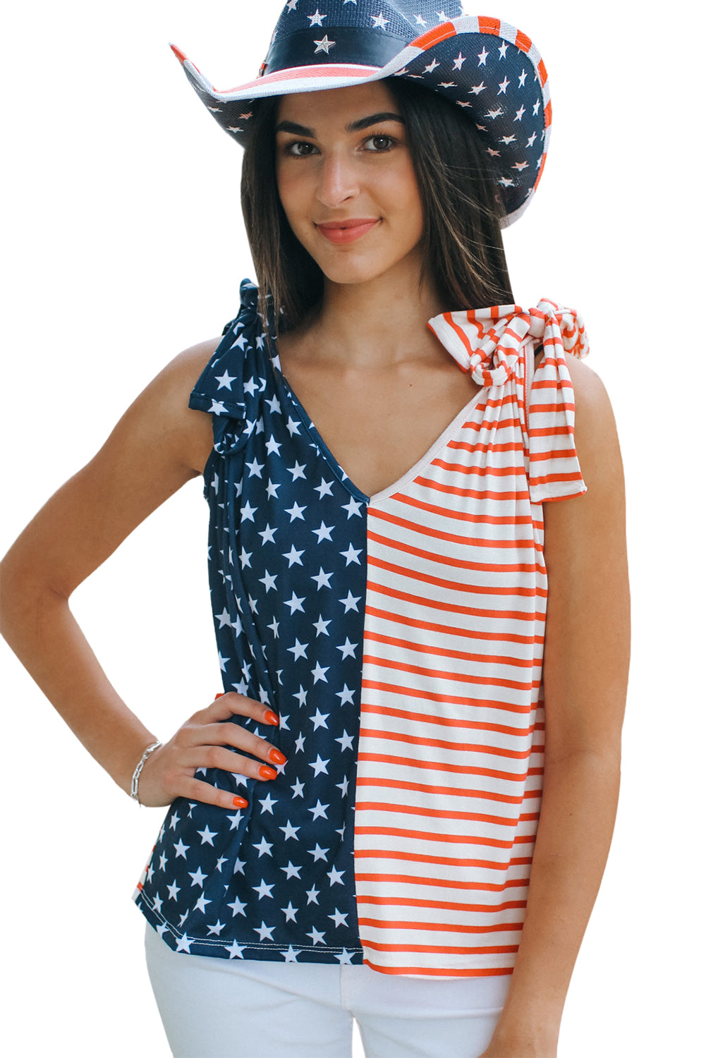 Red American Flag Color Block Knotted Straps Tank Top Tank Tops JT's Designer Fashion