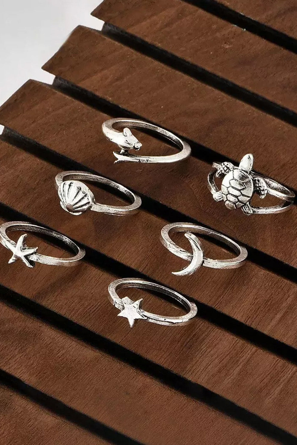 Silver 6Pcs Sea Turtle Shell Starfish Moon Star Ring Set Jewelry JT's Designer Fashion