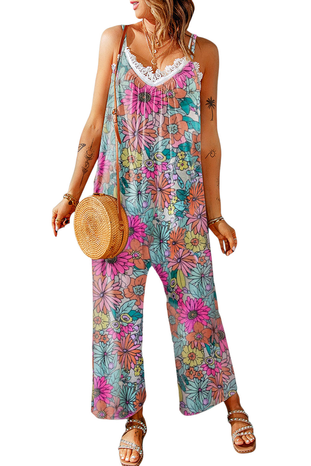 Multicolor Vibrant Summer Floral Print Spaghetti Strap Jumpsuit Jumpsuits & Rompers JT's Designer Fashion