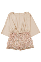 Khaki Sequin Patchwork Drawstring High Waist Romper Jumpsuits & Rompers JT's Designer Fashion