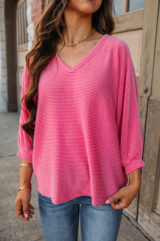 Strawberry Pink Striped Print Bracelet Sleeve V Neck Top Tops & Tees JT's Designer Fashion