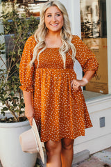 Yellow Boho Dotted Print Smocked Bust Plus Size Dress Plus Size Dresses JT's Designer Fashion