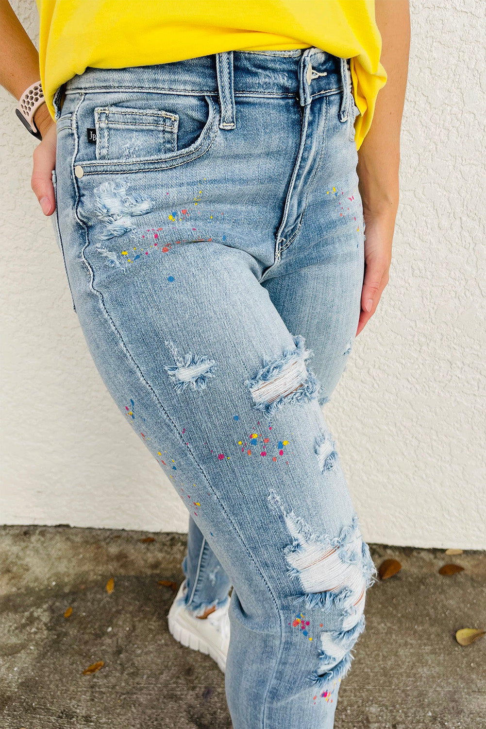 Sky Blue Light Wash Splash-ink Distressed Plus Size Jeans Plus Size JT's Designer Fashion